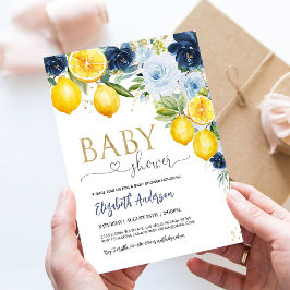 Invitación Baby Shower Floral de cítricos limón azul y marina