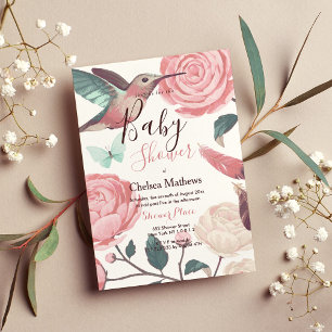 Invitación Baby Shower floral de colibrí rosa verde azulado c