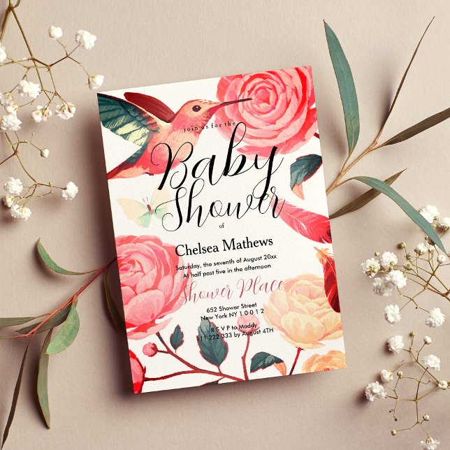 Invitación Baby Shower floral de colibrí verde azulado rosa c (Coral pink teal hummingbird floral Baby Shower Invitation)