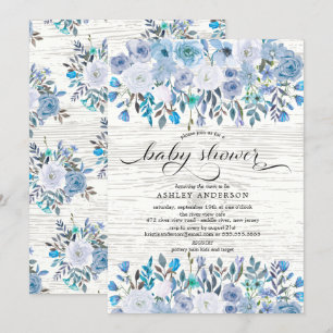 Invitación Baby Shower floral de color azul claro y ruso