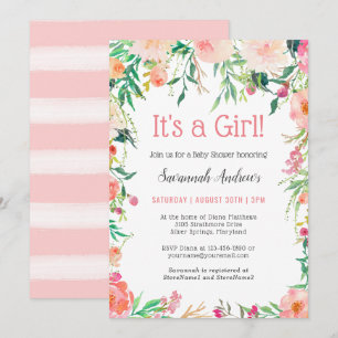 Invitación Baby Shower floral de color de agua rosa delgado