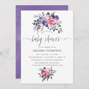 Invitación Baby Shower floral de color de agua rosa y ciruela