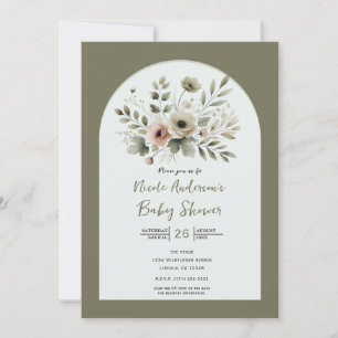 Invitación Baby Shower floral de color verde ocre de caqui