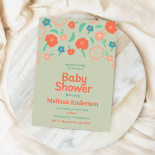 Invitación Baby Shower floral de coral, Verde azulado y capri