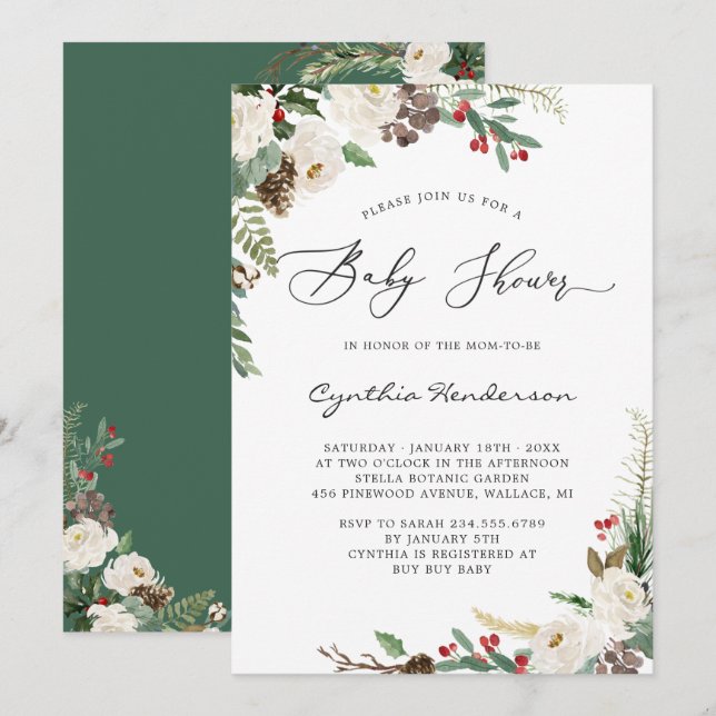 Invitación Baby Shower floral de eucalipto de invierno ruso (Anverso / Reverso)