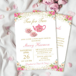Invitación Baby Shower floral de Fiesta de té gemelo con deta