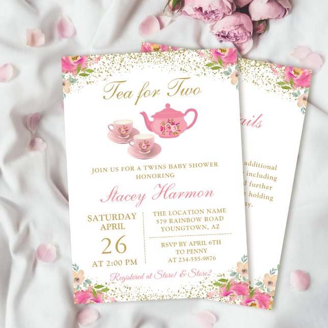 Invitación Baby Shower floral de Fiesta de té gemelo con deta (Subido por el creador)