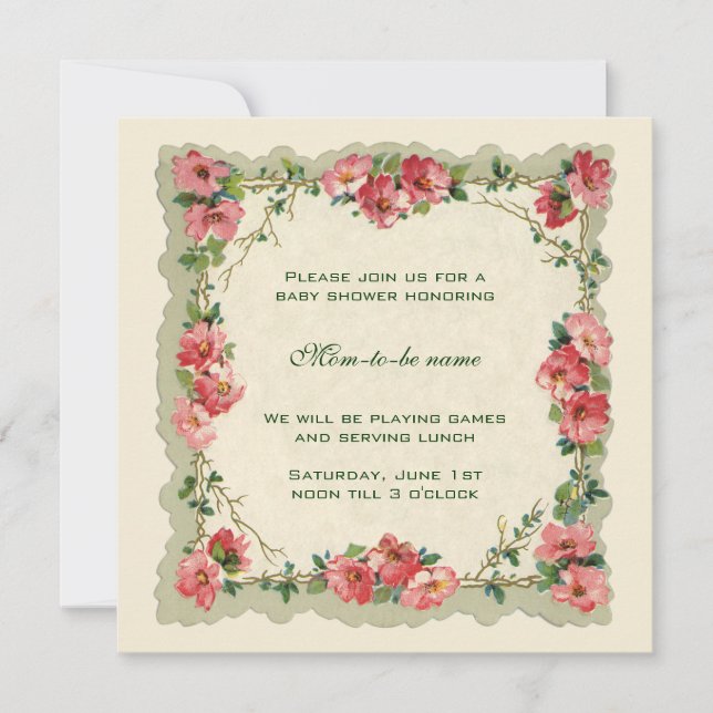 Invitación Baby Shower floral de flores de rosas antiguas ros (Anverso)
