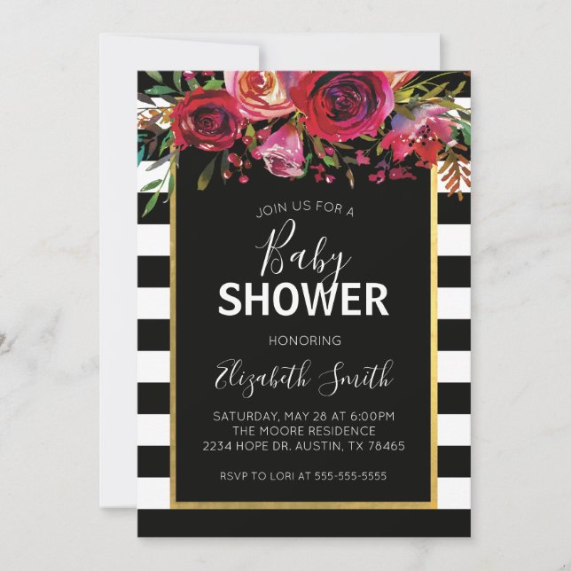 Invitación Baby Shower floral de franja blanca neg (Anverso)