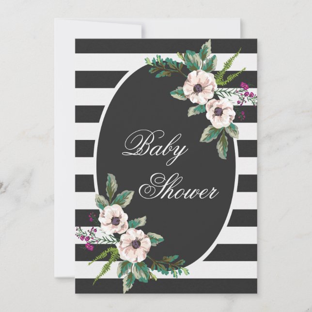 Invitación Baby Shower floral de franjas blancas negras moder (Anverso)