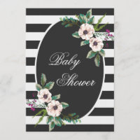 Baby Shower floral de franjas blancas negras moder