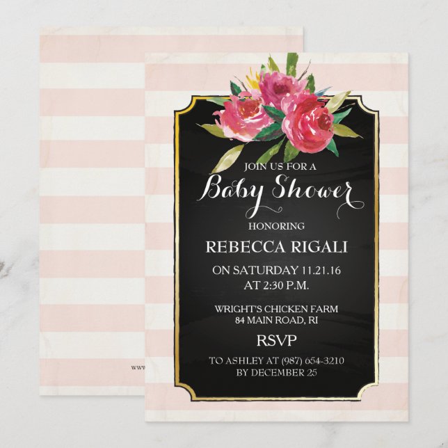 Invitación Baby Shower - Floral de franjas rosadas (Anverso / Reverso)