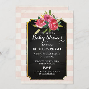 Invitación Baby Shower - Floral de franjas rosas