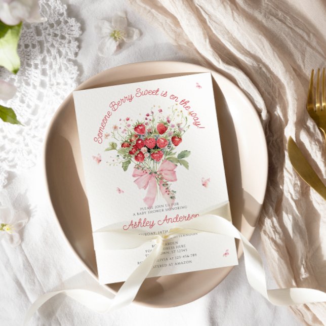 Invitación Baby Shower floral de fresa rosada de vaca (Subido por el creador)