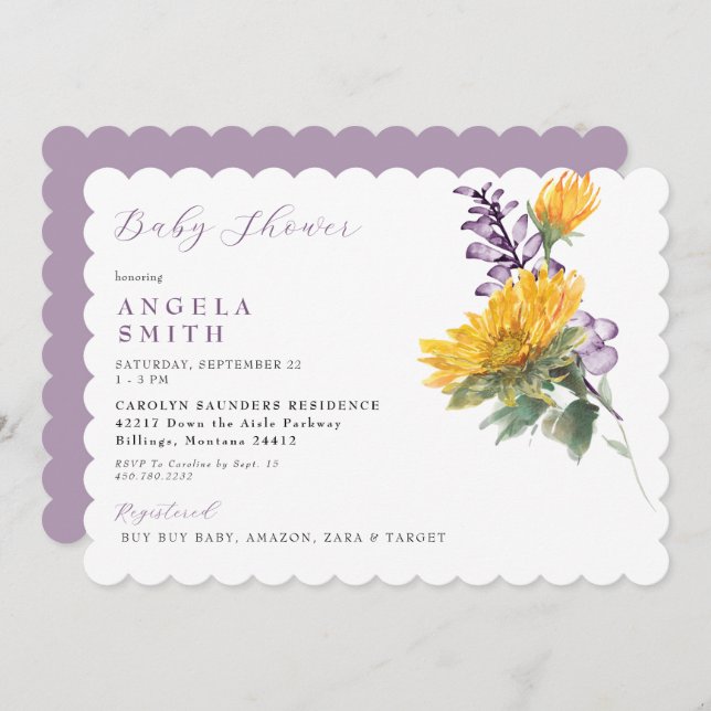 Invitación Baby Shower floral de girasol de lavanda de vieira (Anverso / Reverso)