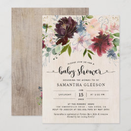 Invitación Baby Shower floral de la Marina Rusa de Borgoña