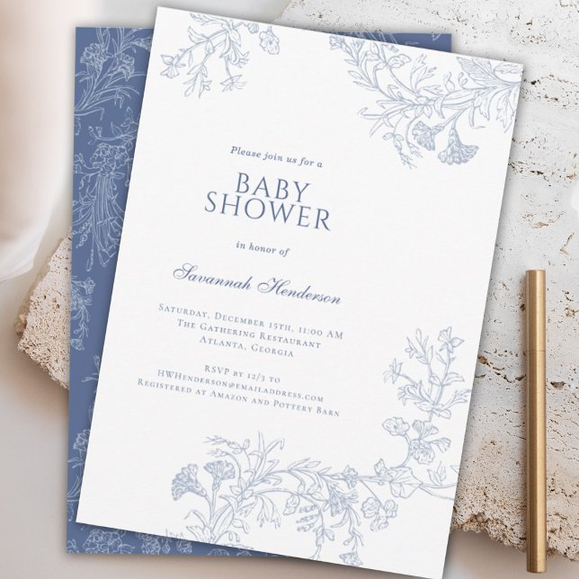 Invitación Baby Shower floral de línea azul trenzada clásica (Subido por el creador)