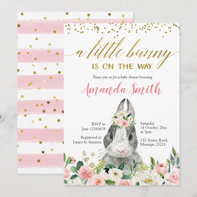 Invitación Baby Shower floral de Little Bunny Spri (Anverso / Reverso)