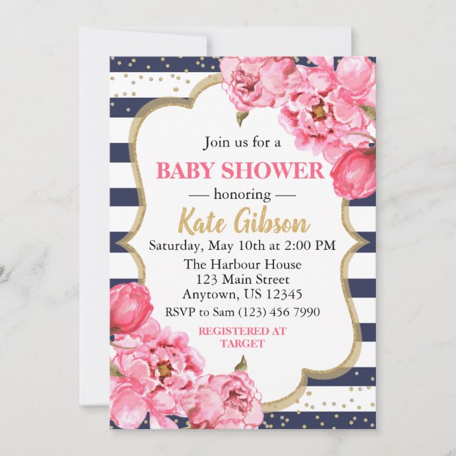 Invitación Baby Shower floral de marina y peonía rosada (Anverso)