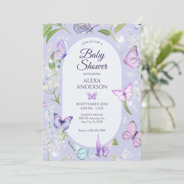 Invitación Baby Shower floral de mariposa eslava morada (Anverso de pie)