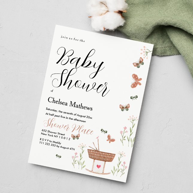 Invitación Baby Shower floral de mariposa marrón rosa (Pink brown green butterfly floral Baby Shower)