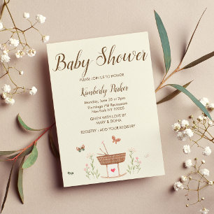 Invitación Baby Shower floral de mariposa marrón rosa moteado