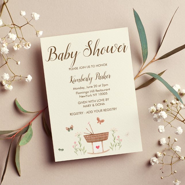 Invitación Baby Shower floral de mariposa marrón rosa moteado (Mint pink brown butterfly floral Baby Shower)