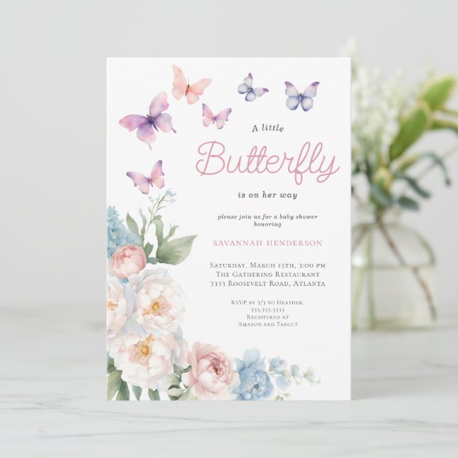 Invitación Baby Shower floral de mariposa rosa (Anverso de pie)