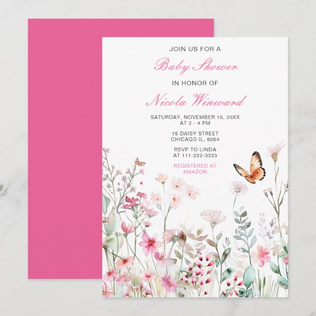 Invitación Baby Shower floral de mariposa rosa profundo prima (Anverso / Reverso)