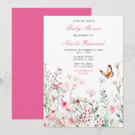 Invitación Baby Shower floral de mariposa rosa profundo prima