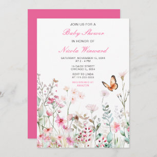 Invitación Baby Shower floral de mariposa rosa profundo prima