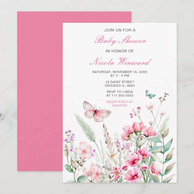 Invitación Baby Shower floral de mariposa rosada de primavera (Anverso / Reverso)