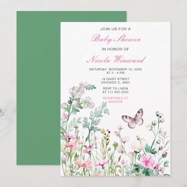 Invitación Baby Shower floral de mariposa verde primavera (Anverso / Reverso)