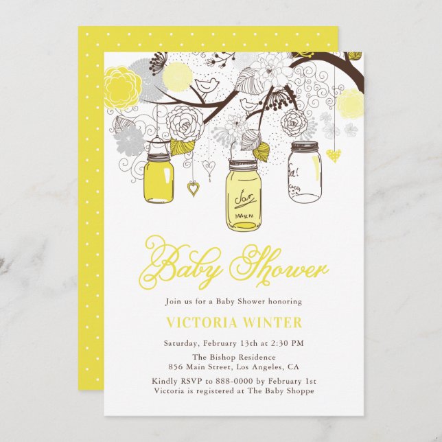 Invitación Baby Shower floral de mason jars colgando amarillo (Anverso / Reverso)