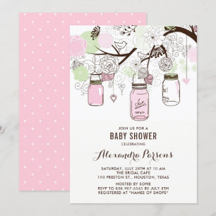 Invitación Baby Shower floral de mason rosa y verde
