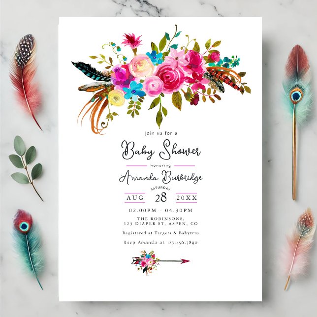Invitación Baby Shower floral de Moda de Boho rosa caliente (Hot-Pink Boho Chic Floral Baby Shower Invitation)