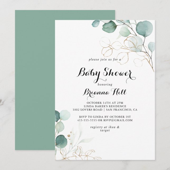 Invitación Baby Shower floral de oro de eucalipto ruso (Anverso / Reverso)