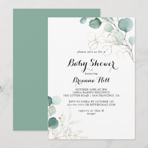 Invitación Baby Shower floral de oro de eucalipto ruso