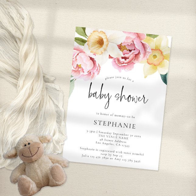 Invitación Baby Shower floral de personajes amarillos rosados (Subido por el creador)