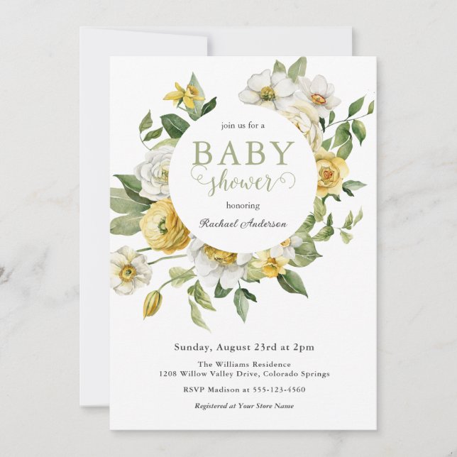 Invitación Baby Shower floral de primavera amarilla y blanca (Anverso)