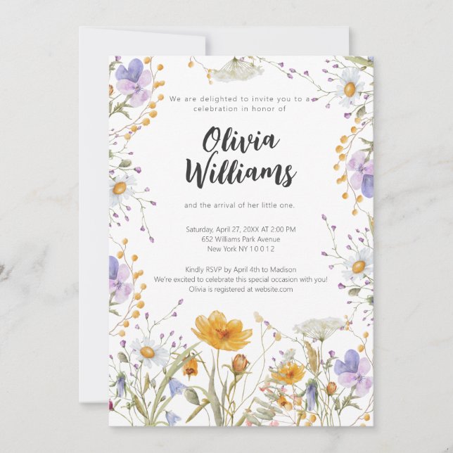 Invitación Baby Shower floral de primavera de flores silvestr (Anverso)