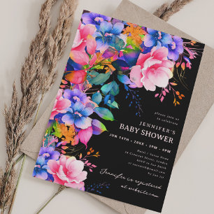 Invitación Baby Shower floral de Rainbow Garden de moda negro