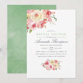Invitación Baby Shower Floral de Rosa y Verde Salvia