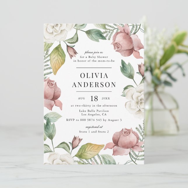 Invitación Baby Shower floral de rosas malvas y blancas (Anverso de pie)