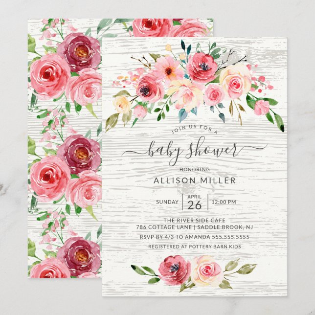 Invitación Baby Shower floral de rusia Spring Peonies Rosa (Anverso / Reverso)