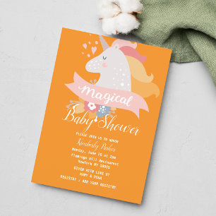 Invitación Baby Shower floral de unicornio mágico naranja