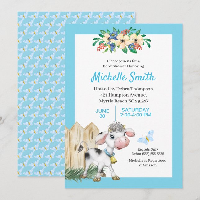 Invitación Baby Shower floral de vaca azul y blanco (Anverso / Reverso)