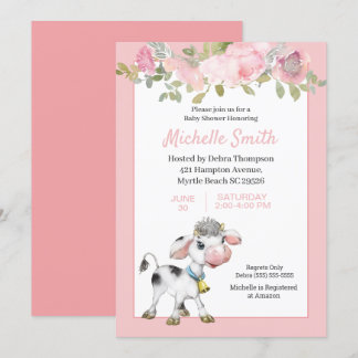 Invitación Baby Shower floral de vaca blanca y rosa