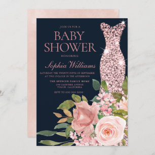 Invitación Baby Shower floral de vestidos de oro para Rosa de