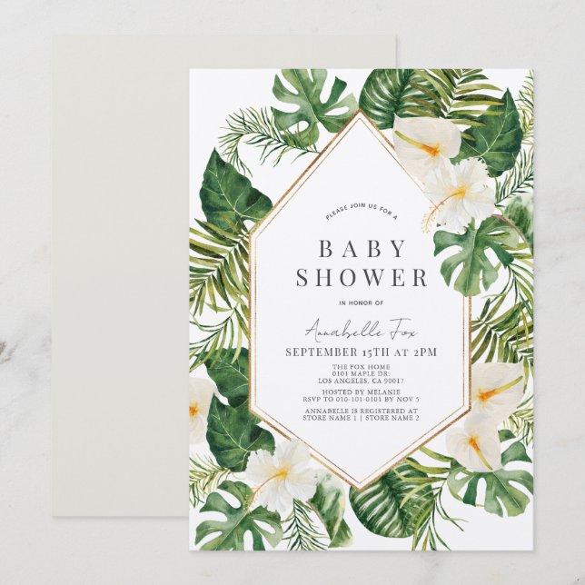 Invitación Baby Shower floral de White Anthurium e Hibiscus (Anverso / Reverso)